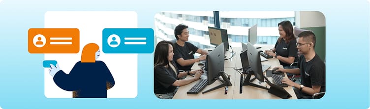 Graphic displaying user profile icons alongside a team of customer support specialists working at their computers in an office setting.