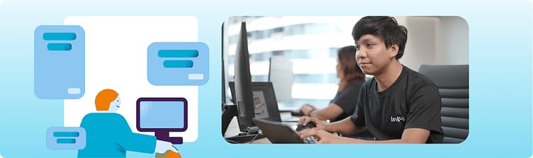 Split graphic showing an illustration of digital message bubbles next to a customer support specialist working at a desktop computer.