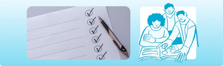 A completed checklist with checkmarks paired with an illustration of team members reviewing a strategy book together