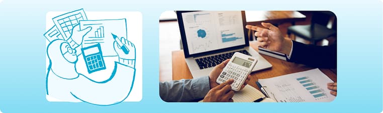 Illustration of a financial assistant calculating expenses alongside a person using a calculator with financial charts on a laptop