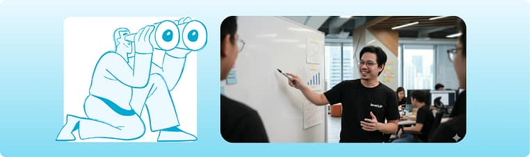 Line illustration of a person searching through binoculars next to a LevelUp team member presenting a strategy on a whiteboard