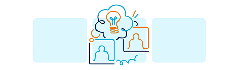 An abstract illustration of a lightbulb in a thought bubble surrounded by profile icons, representing ideas and collaboration in offshore teams.