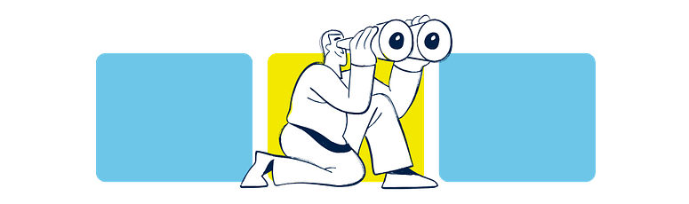 Cartoon-style image of a person kneeling with binoculars, symbolizing the search for top offshore SEO talent in the Philippines