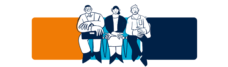 Illustration of three professionals sitting, representing hiring challenges in web development