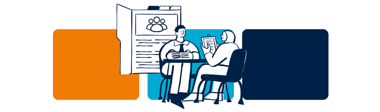 Two people sitting across a table reviewing a developer profile, representing a hiring process