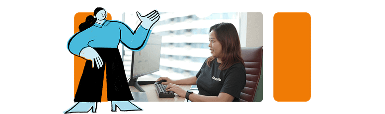 Cartoon figure gesturing toward a real photo of a smiling woman in a LevelUp shirt working at her desk