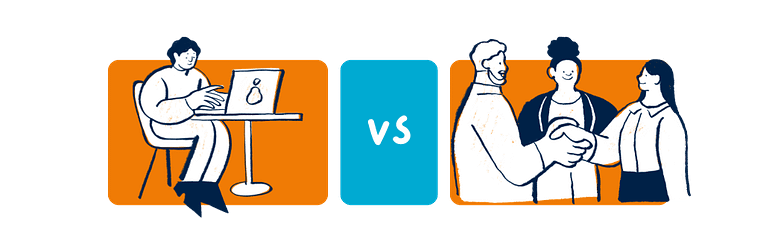 Split illustration showing a freelancer working on a laptop on the left, and a group of people shaking hands on the right to represent an agency team, with a “VS” in the center.