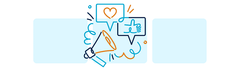 A megaphone, thumbs-up icon, and heart icon to represent the many interconnected tasks involved in social media management, such as engagement, content creation, and audience interaction.