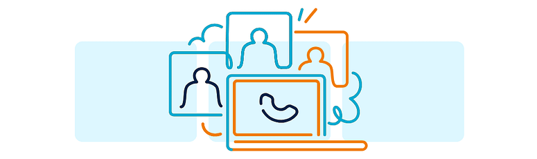 Abstract line art of people connected through a laptop screen, representing collaboration between distributed team members in an offshore or remote team setup.