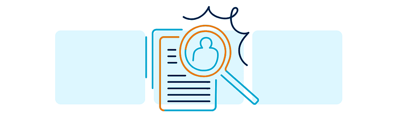 A stylized magnifying glass hovering over a resume icon, symbolizing the process of sourcing and selecting freelance professionals for marketing or creative tasks.