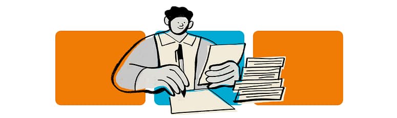 Person reviewing documents and writing samples at a desk