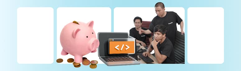 Visual of LevelUp team discussing code beside a laptop and piggy bank, representing cost efficiency and collaboration in offshore software development.