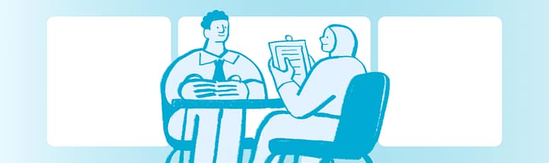 Illustration of two professionals in conversation during an interview, symbolizing collaboration and thoughtful hiring practices at LevelUp.