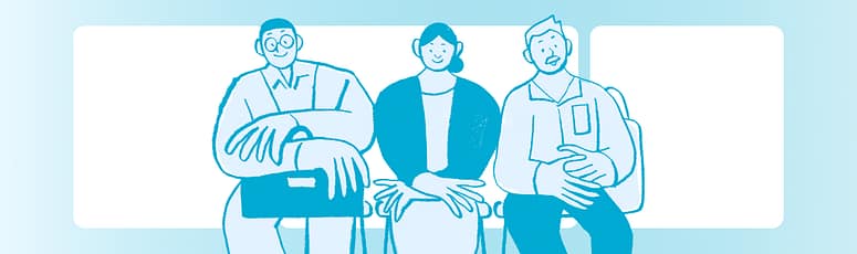 Illustration of three professionals sitting with resumes in hand, symbolizing LevelUp’s balance between data-driven recruitment and personal relationships.