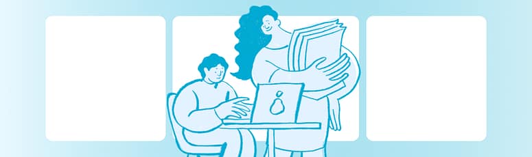 Illustration of a recruiter handing documents to a colleague, showing LevelUp’s focus on efficient yet thorough candidate evaluation.