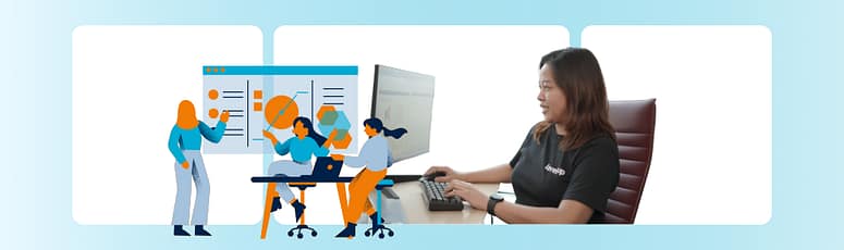 Offshore professional working alongside illustrated teammates reviewing performance data, symbolizing the strategic advantage of offshore SDR hiring.