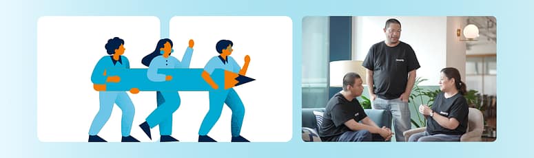 Illustration of three people carrying a large pencil beside a photo of LevelUp team members talking in an office setting.
