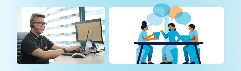 Photo of a LevelUp team member wearing a headset at a computer. Beside it is an illustration of three people discussing work at a table with chat bubbles.