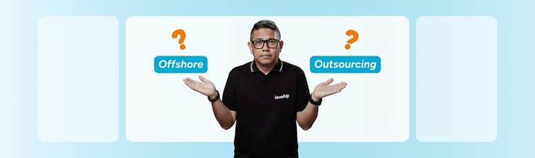 A man standing with two signs labeled “Offshore” and “Outsourcing.”