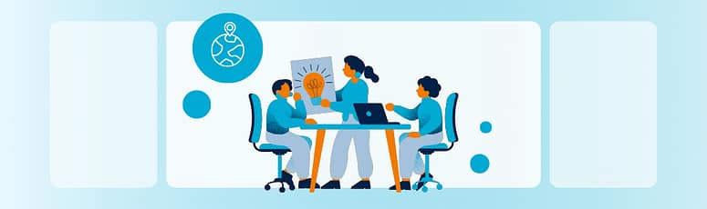 Illustration of a team collaborating in an overseas office setup.