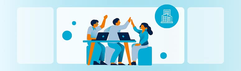 Illustration of two teams working on laptops in a shared digital workspace.