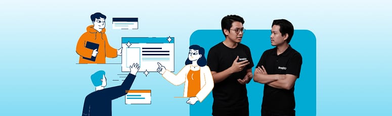 Team Discussion on Employee Retention Two men in LevelUp shirts stand together in conversation, framed by an illustration of team members collaborating over a digital interface