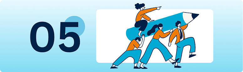 A dedicated full-time hire usually works better than contractors Illustration of a team pushing a large pencil together, representing dedicated full-time offshore hires working toward shared goals.