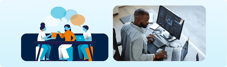 Illustration and photo representing outsourced SaaS development teams working on technical projects.