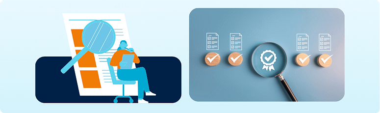 Quality check and document review graphics representing better outsourced SaaS development setup.