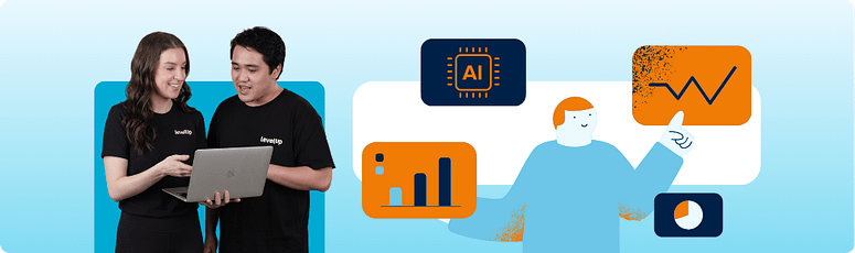 Two professionals reviewing work on a laptop beside illustrations of AI, analytics, and business dashboards, representing AI assisting with drafting, data processing, and routine business tasks.