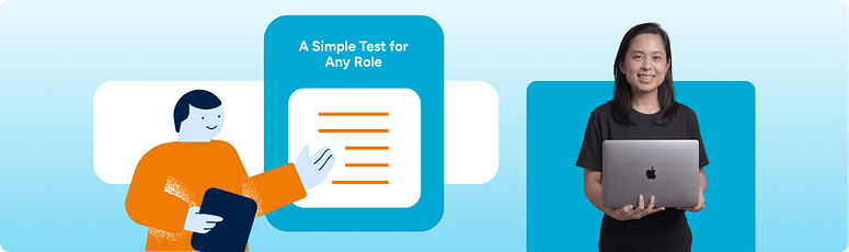 Business professional holding a laptop beside an illustrated checklist and document labelled “A Simple Test for Any Role,” representing how businesses decide whether AI or a person should own a task.