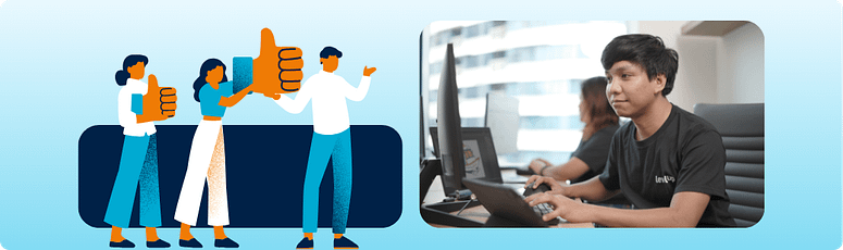Marketing professional working at a computer beside an illustration of different expectations, representing how one role can require conflicting ways of working.