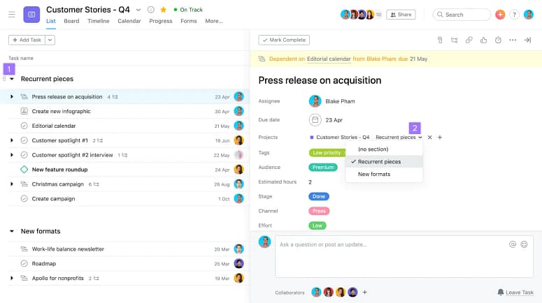 Asana interface displaying project tasks, deadlines, and team collaboration features for managing workflows.