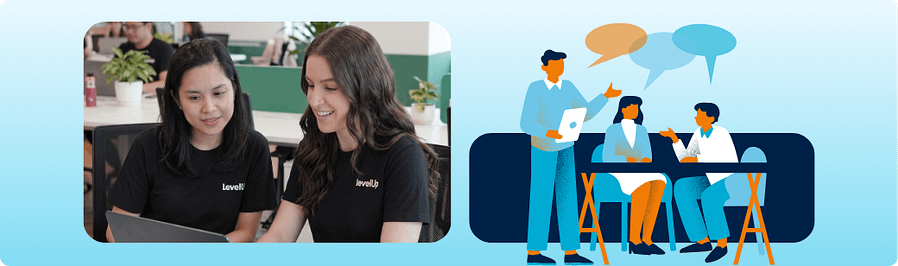 Recruiters discussing role requirements beside an illustration of team collaboration, representing the importance of defining expectations before sourcing candidates.