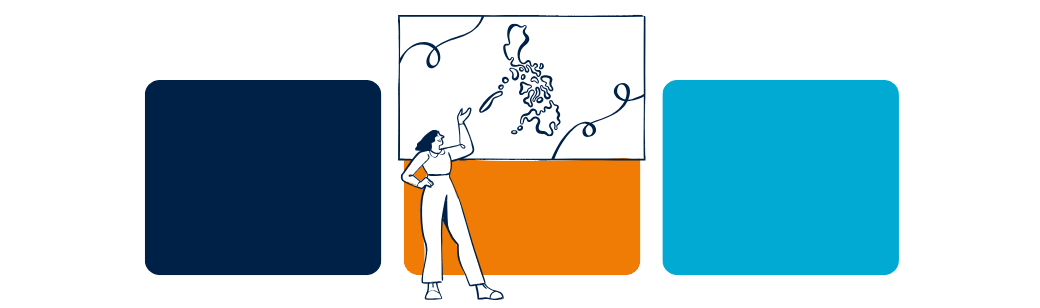 Building Your Dev Team in the Philippines Illustration of a woman pointing at a map of the Philippines on a board, highlighting outsourcing opportunities