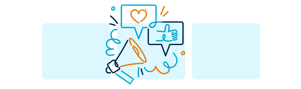 Social Media Roles A megaphone, thumbs-up icon, and heart icon to represent the many interconnected tasks involved in social media management, such as engagement, content creation, and audience interaction.