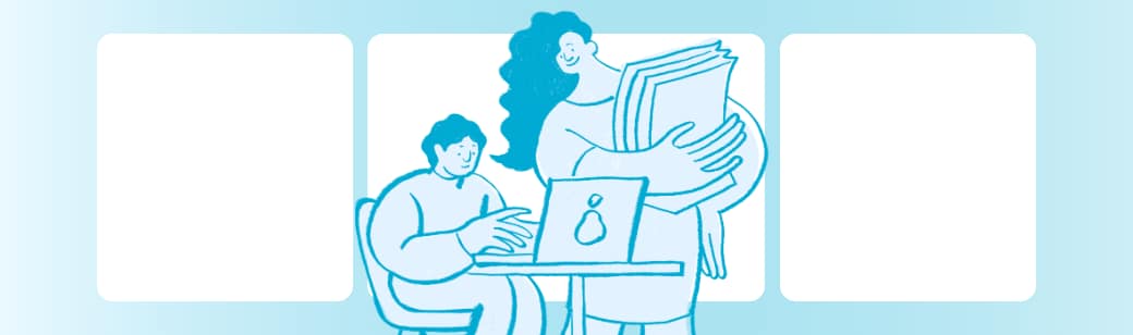 Balancing Speed and Quality in Hiring Illustration of a recruiter handing documents to a colleague, showing LevelUp’s focus on efficient yet thorough candidate evaluation.