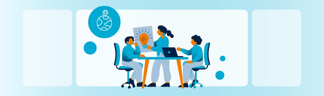 How Offshoring Works Illustration of a team collaborating in an overseas office setup.