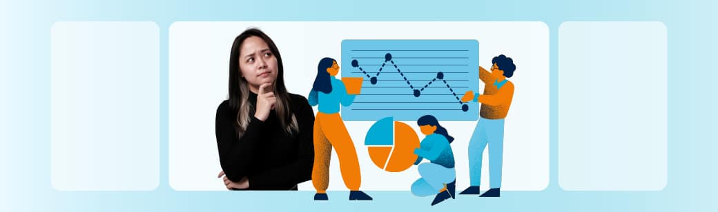 LevelUp team member thinking while illustrated characters review charts and graphs.