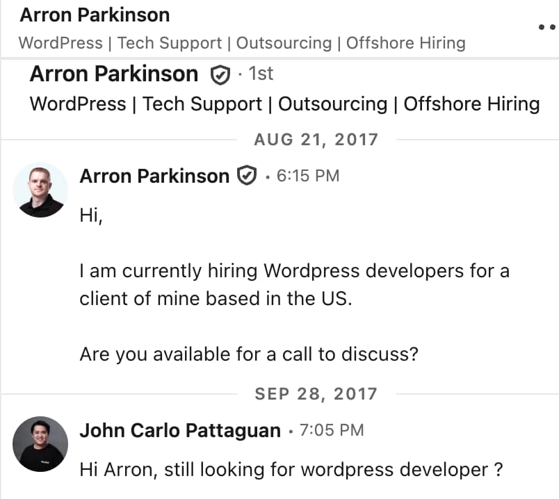 Screenshot of a LinkedIn message exchange between Arron and John