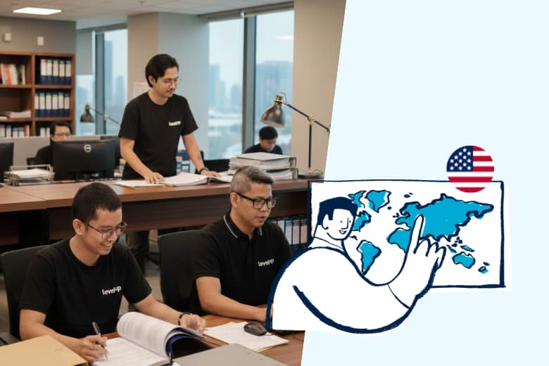 Alignment between Philippine and U.S. legal systems for offshore paralegals Offshore paralegals in the Philippines reviewing legal documents in an office environment, representing alignment with U.S. legal systems and workflows.