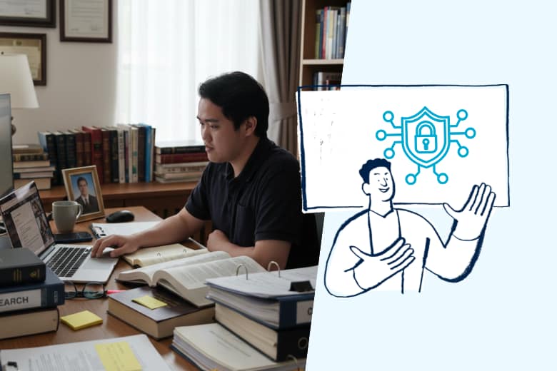 Security certifications supporting offshore paralegal work in the Philippines Offshore paralegal working on legal documents in a secure environment, illustrating data protection and security certification standards.