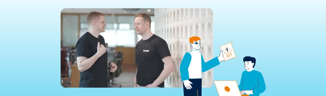 The Distributed Leadership Audit Two colleagues stand and talk in a modern office setting. Below them, an illustration shows a person at a desk reviewing a document with a warning icon, while another person works on a laptop, representing the process of a distributed leadership audit.