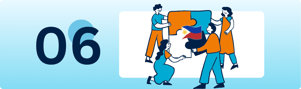 The Philippine government actively supports the outsourcing infrastructure Illustration of people assembling puzzle pieces around a Philippine flag, representing government support for the country’s outsourcing infrastructure.