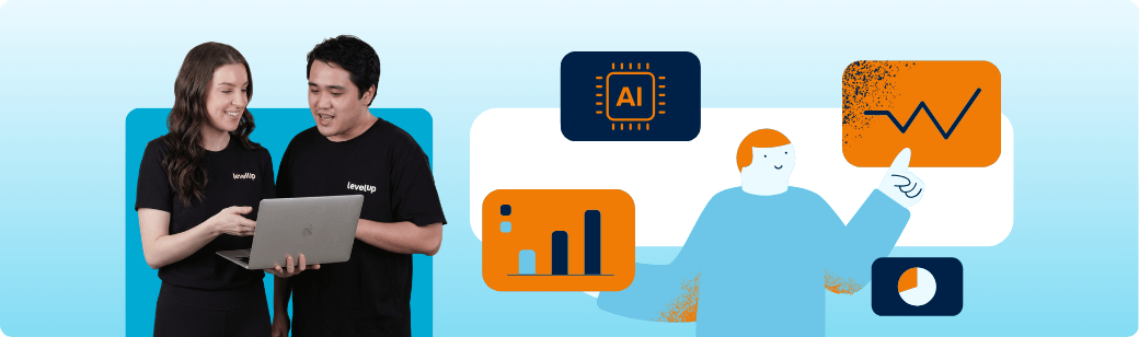 Two professionals reviewing work on a laptop beside illustrations of AI, analytics, and business dashboards, representing AI assisting with drafting, data processing, and routine business tasks.