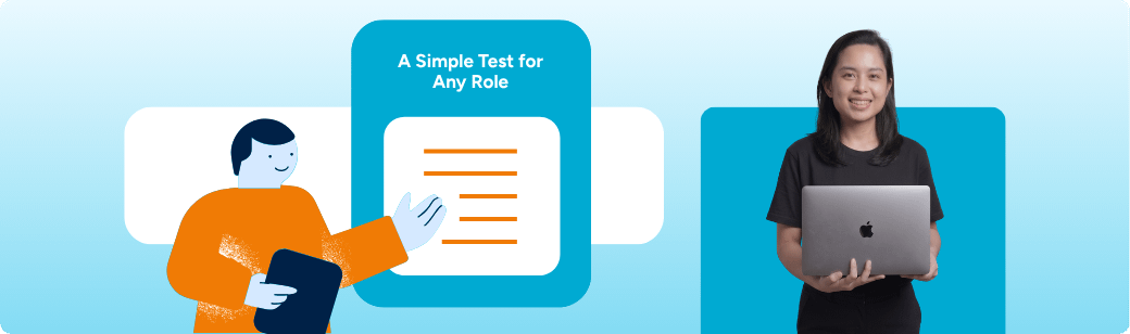 Business professional holding a laptop beside an illustrated checklist and document labelled “A Simple Test for Any Role,” representing how businesses decide whether AI or a person should own a task.