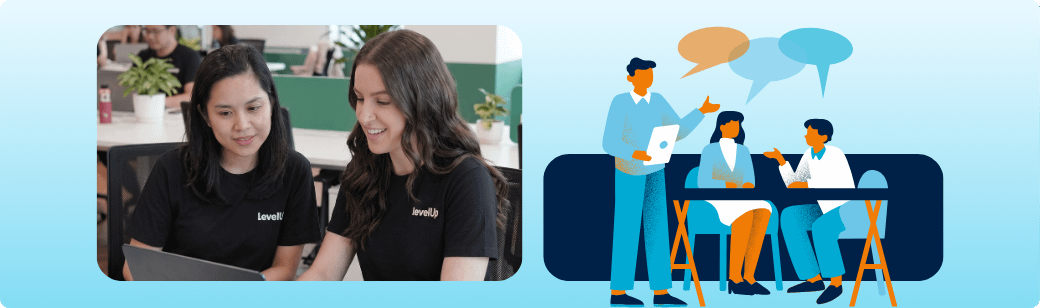 Better Hiring Starts Before Sourcing Recruiters discussing role requirements beside an illustration of team collaboration, representing the importance of defining expectations before sourcing candidates.