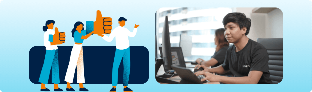 Different Expectations in One Role Marketing professional working at a computer beside an illustration of different expectations, representing how one role can require conflicting ways of working.