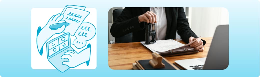 Split graphic featuring a line drawing of online contract signatures next to a close-up photo of stamping an official hiring document