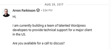 The Message That Started It All A screenshot of a 2017 LinkedIn message from Arron Parkinson offering a WordPress role.